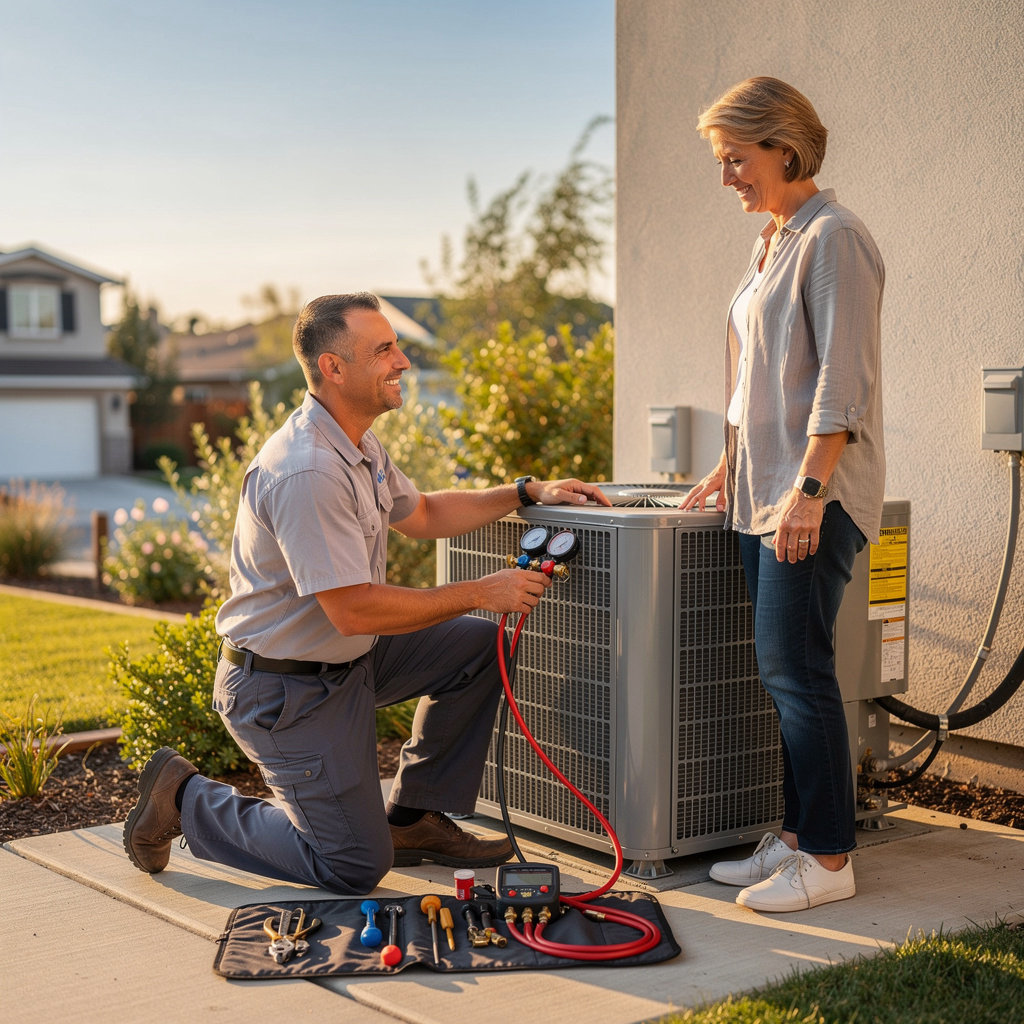 Oliveira's Restoration HVAC technician servicing a modern air conditioning unit in Lompoc, California