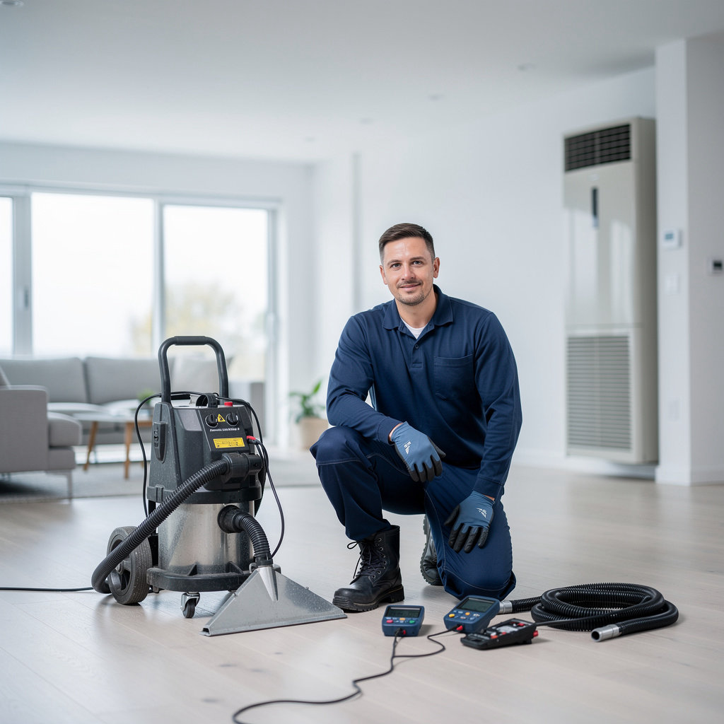 Oliveira's Restoration Lompoc water damage expert assessing and extracting water from a flooded residential property
